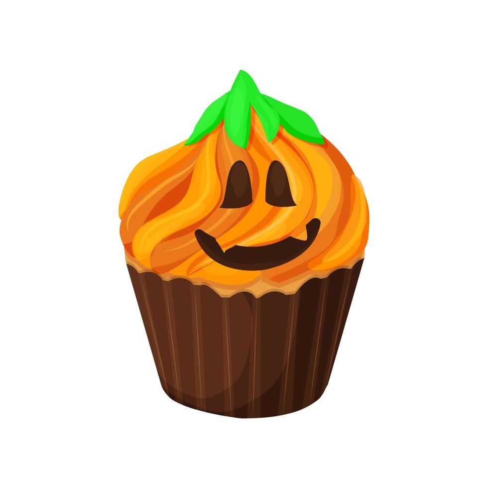 muffin halloween med pumpa på orange grädde och grön löv, rolig ansikte efterrätt i tecknad serie stil isolerat på vit bakgrund. vektor illustration