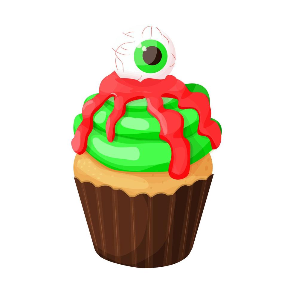 Cupcake-Halloween-Monster-Dessert mit beängstigendem Auge auf Blutgelee im Cartoon-Stil isoliert auf weißem Hintergrund. Vektor-Illustration vektor