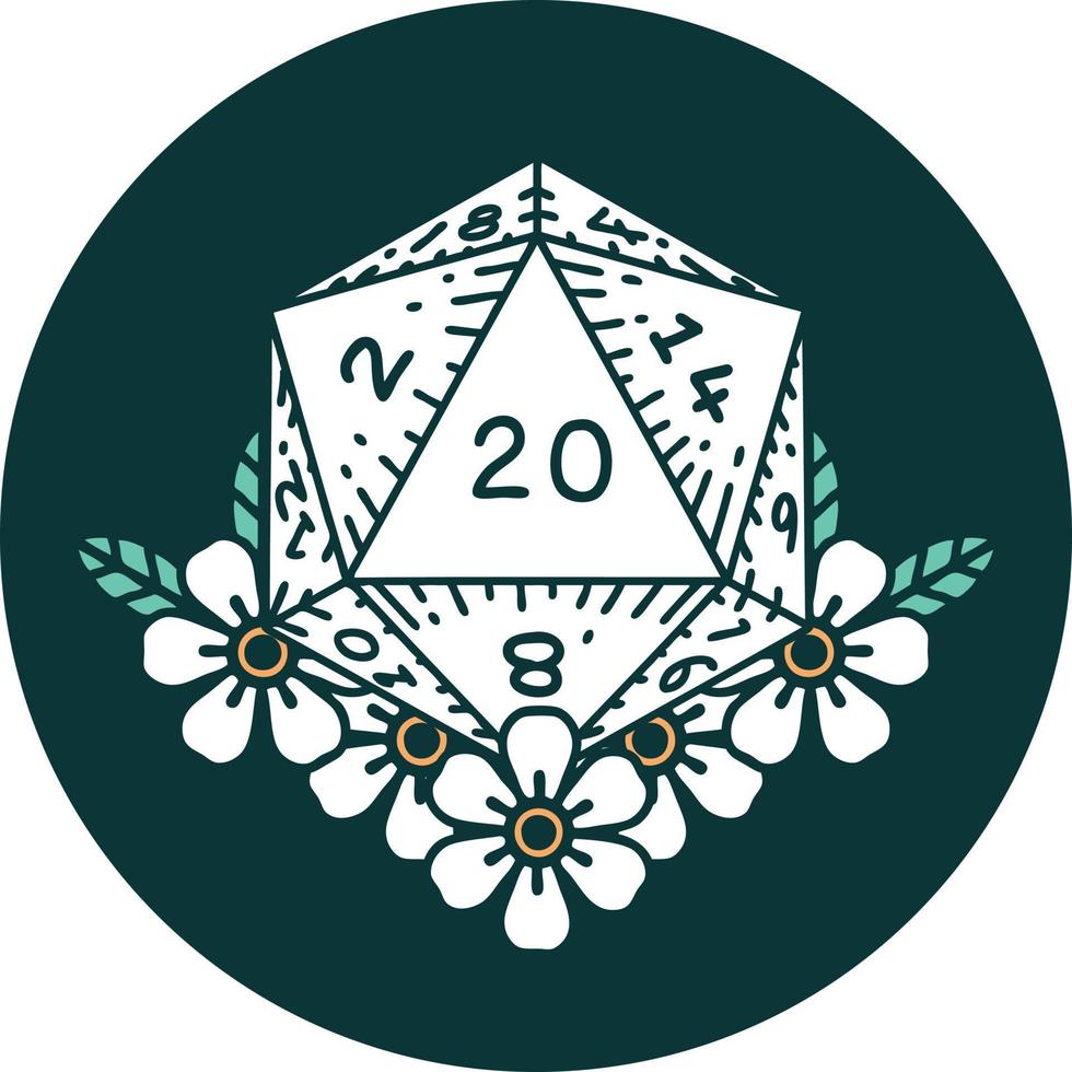 ikon av naturlig 20 d20 tärningar rulla med blommig element vektor