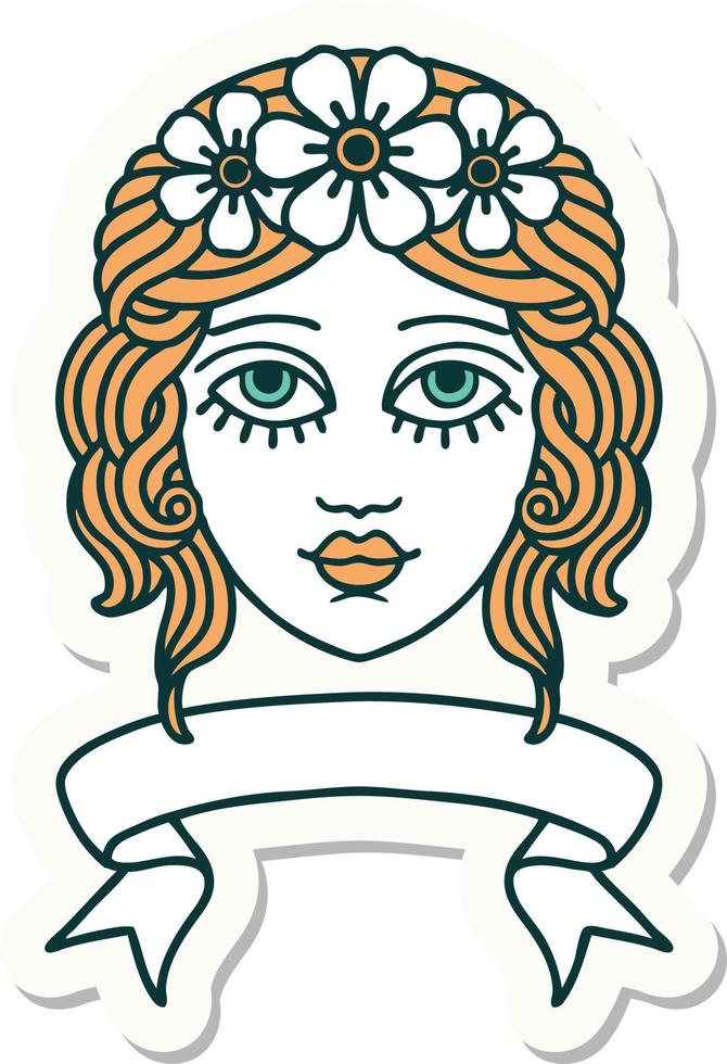 tatuering stil klistermärke med baner av kvinna ansikte med krona av blommor vektor