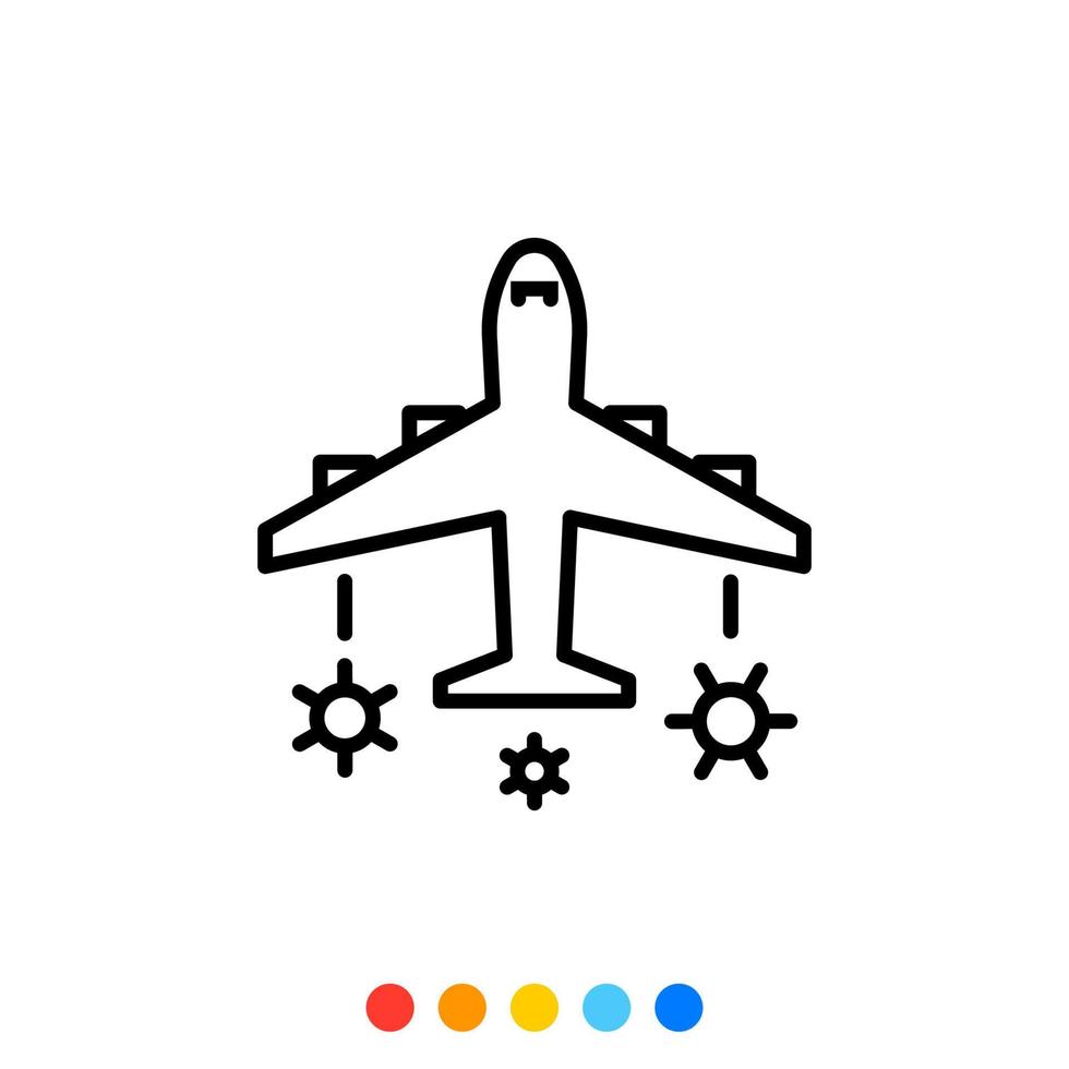 Flugzeug lineares Symbol mit Virus- oder Pandemiesymbol, Vektor. vektor