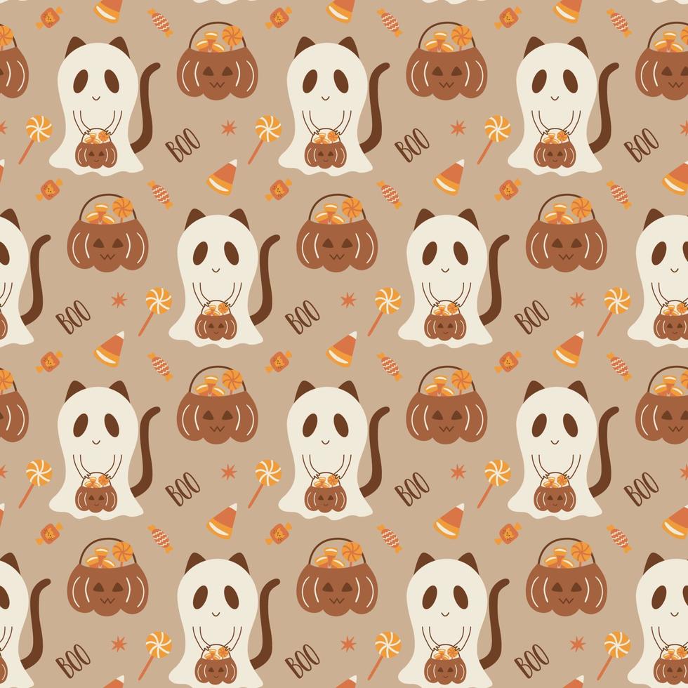 boho halloween mönster. boho halloween läskigt. spöke med sötsaker sömlös bakgrund. söt läskigt katt i pastell bakgrund tapet. klassisk halloween yta design, vektor illustration lura behandla