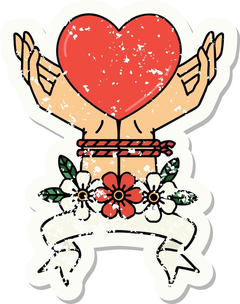 Grunge-Aufkleber mit Banner von gefesselten Händen und einem Herzen vektor