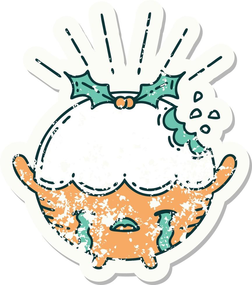 Grunge-Aufkleber mit weinendem Weihnachtspudding-Charakter im Tattoo-Stil vektor