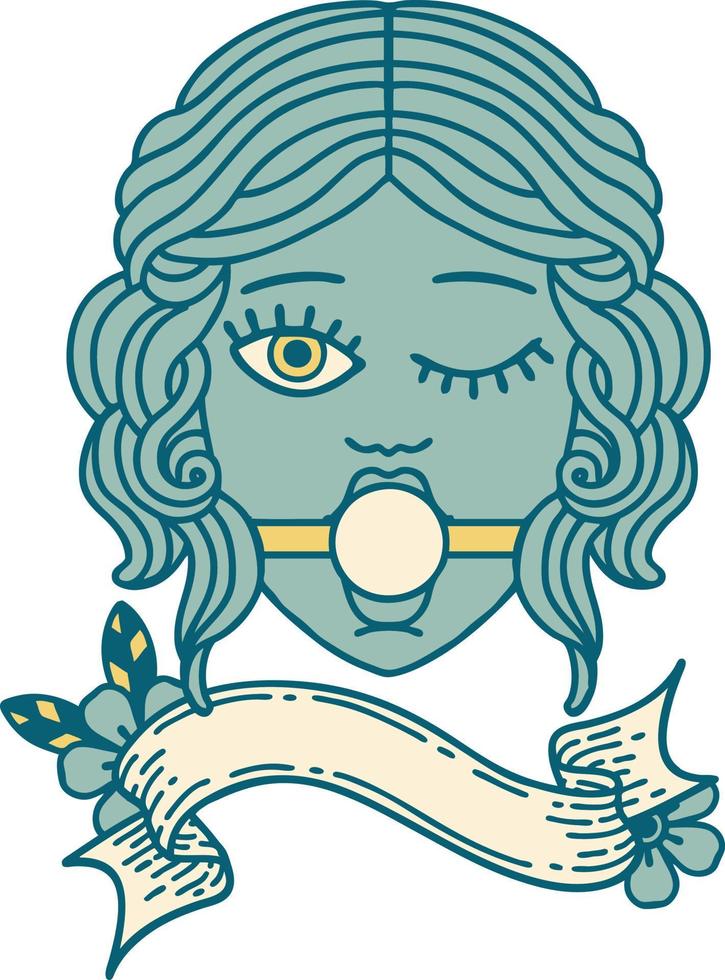 Tätowierung mit Banner eines zwinkernden weiblichen Gesichts mit Ballknebel vektor