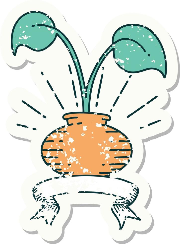 Grunge-Aufkleber der Zimmerpflanze im Tattoo-Stil in der Vase vektor