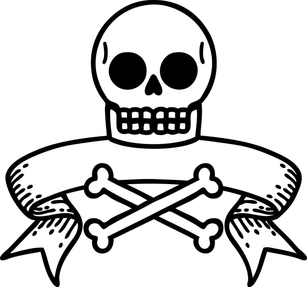 Schwarzes Linientattoo mit Banner eines Schädels und Knochen vektor
