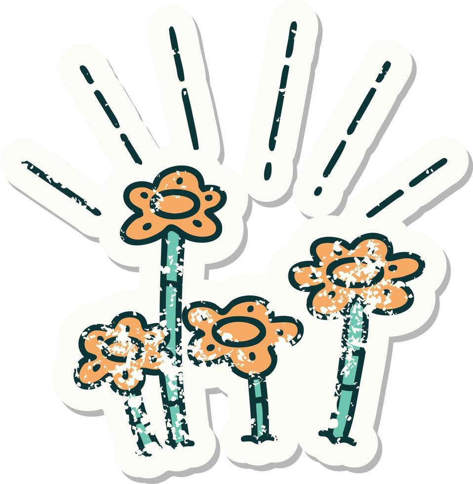 Grunge-Aufkleber mit wachsenden Blumen im Tattoo-Stil vektor