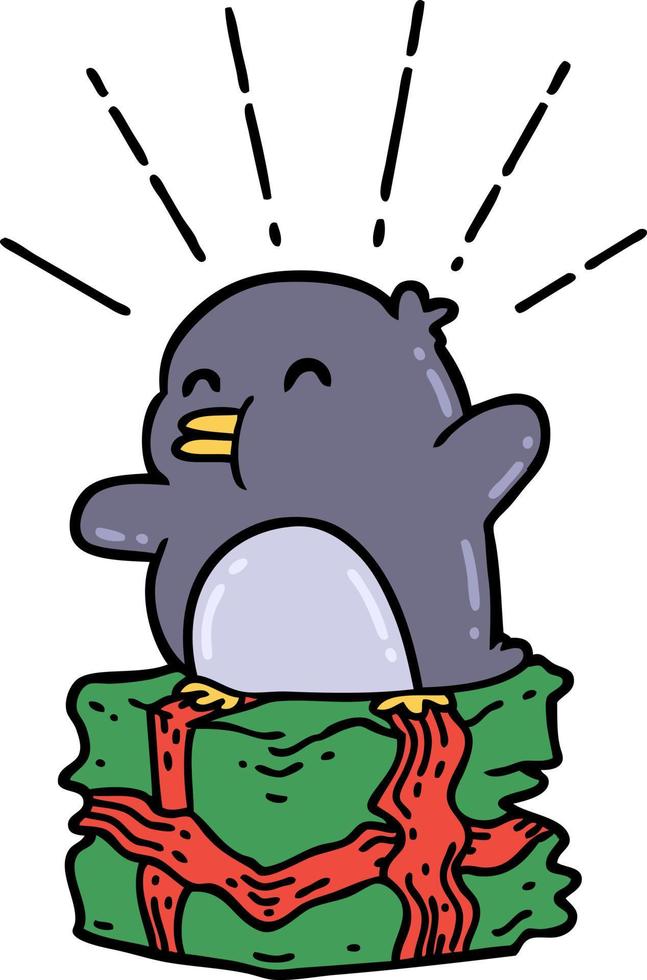 Pinguin im traditionellen Tattoo-Stil, der auf dem Geschenk sitzt vektor