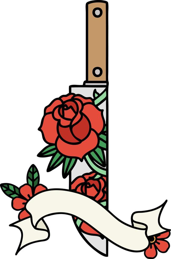 Tätowierung mit Banner eines Dolches und Blumen vektor