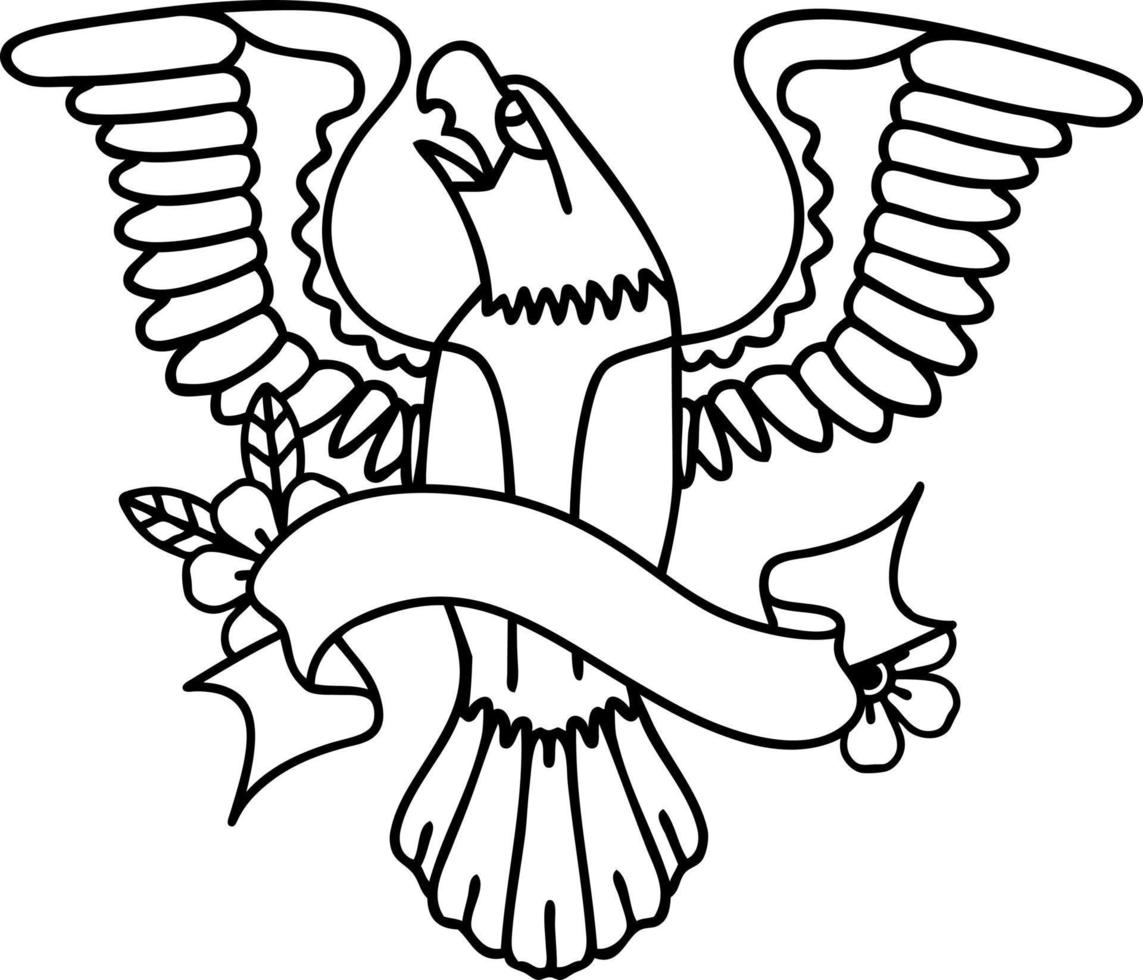 Schwarzes Linientattoo mit Banner eines amerikanischen Adlers vektor