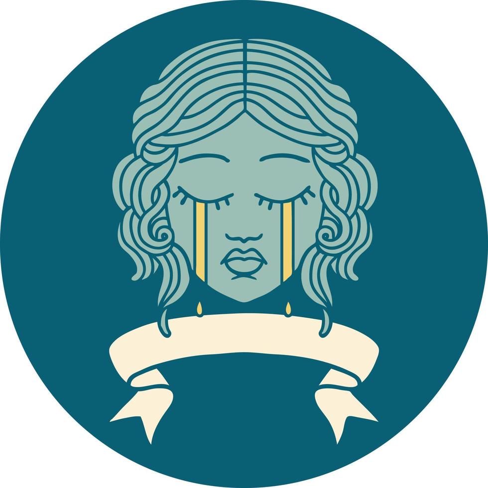 ikone mit banner des weiblichen gesichtsweinens vektor