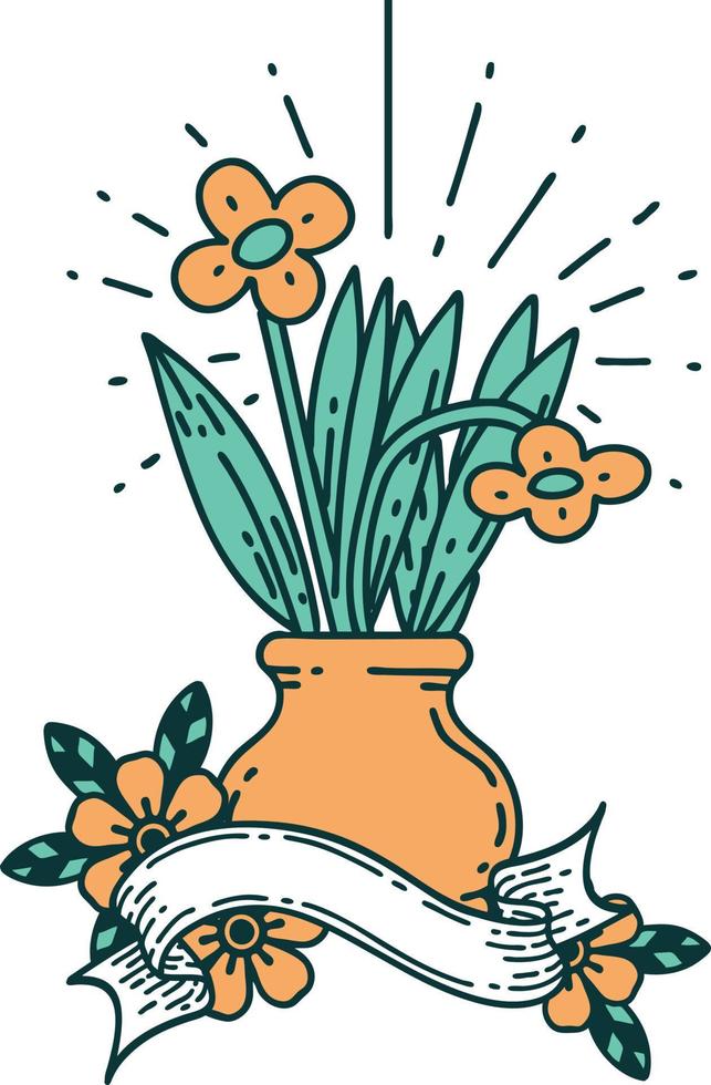 Banner mit Blumen im Tattoo-Stil in Vase vektor