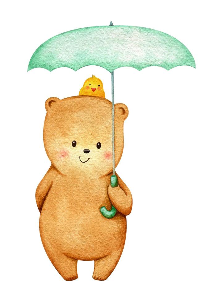 söt akvarellbjörn med paraply och gul fågel vektor