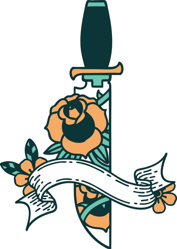 Traditionelles Tattoo mit Banner eines Dolches und Blumen vektor