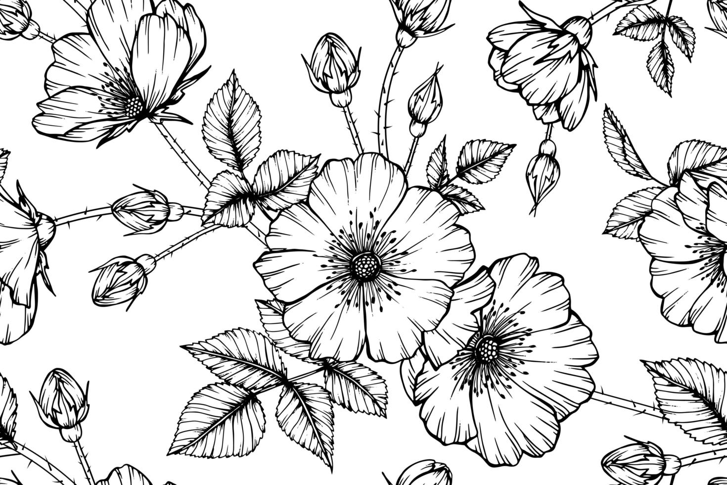 Hand gezeichnete wilde Rosenblume und Blätter des nahtlosen Musters vektor