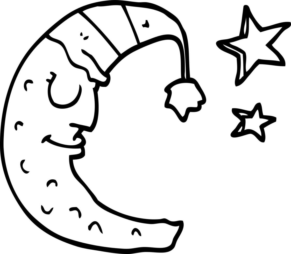 linje teckning tecknad serie måne med sovande keps vektor