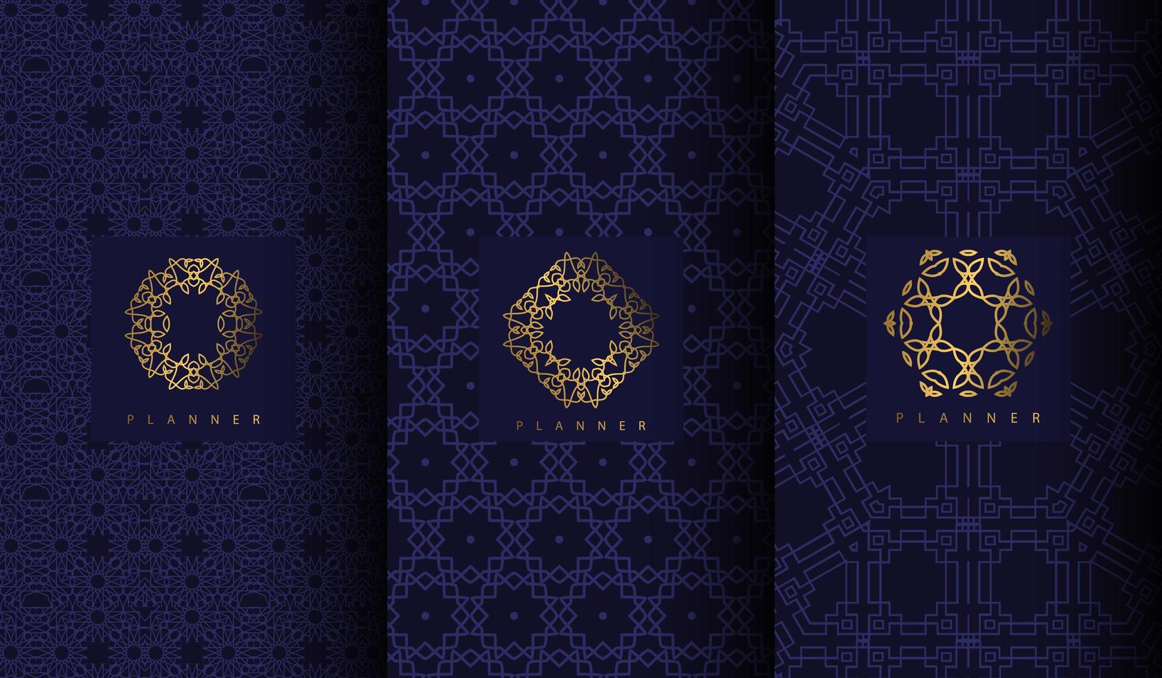 Set luxuriöser blauer Muster mit geometrischen Goldornamenten vektor