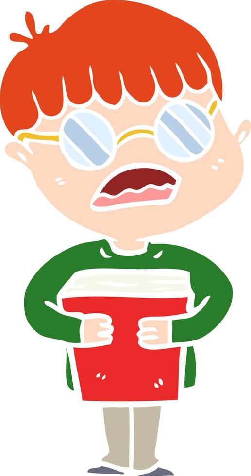 platt Färg stil tecknad serie pojke kramas bok bär glasögon vektor