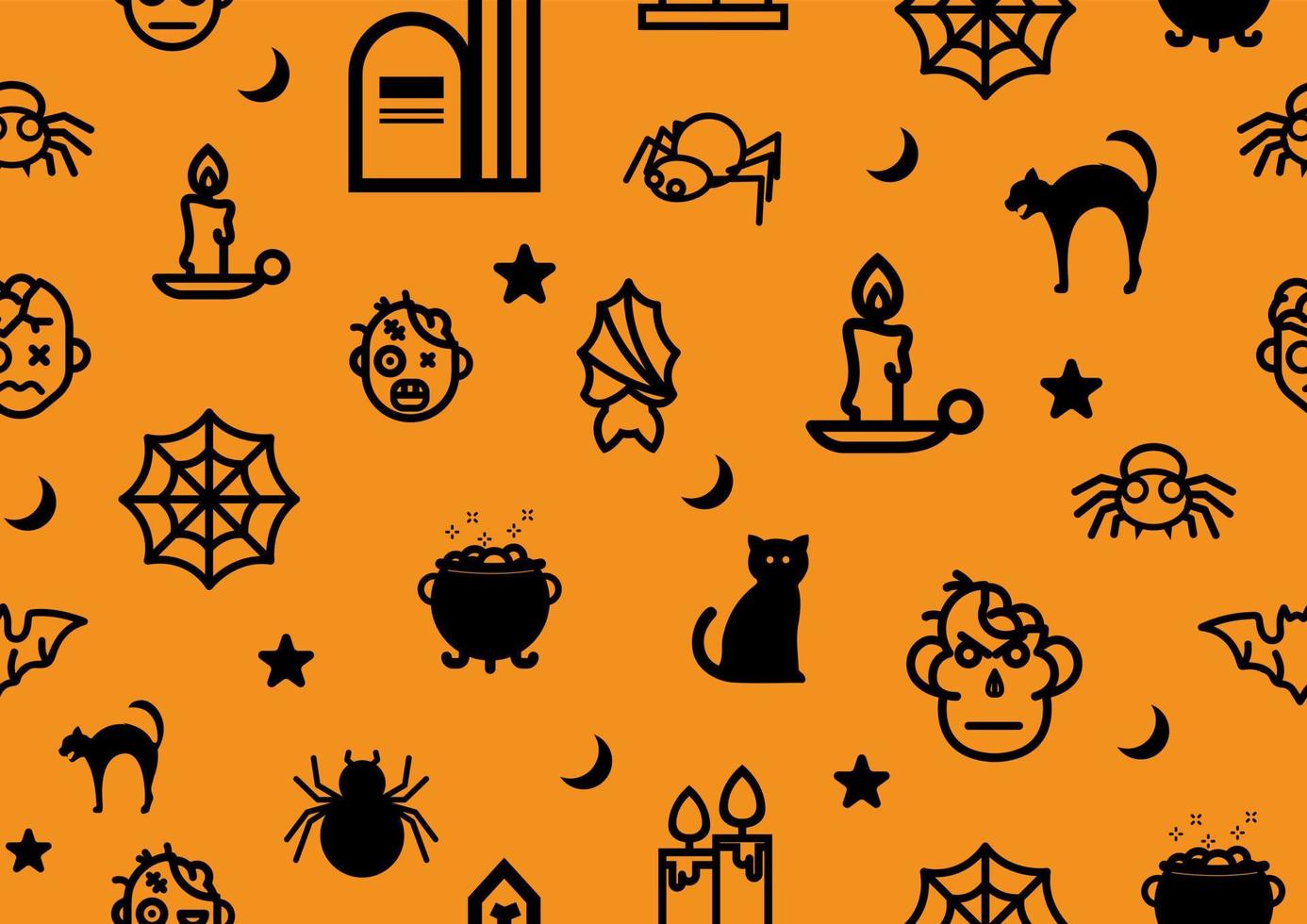 Symbole und Ikone von Halloween in der nahtlosen Tapete lokalisiert auf orange Hintergrund. vektor