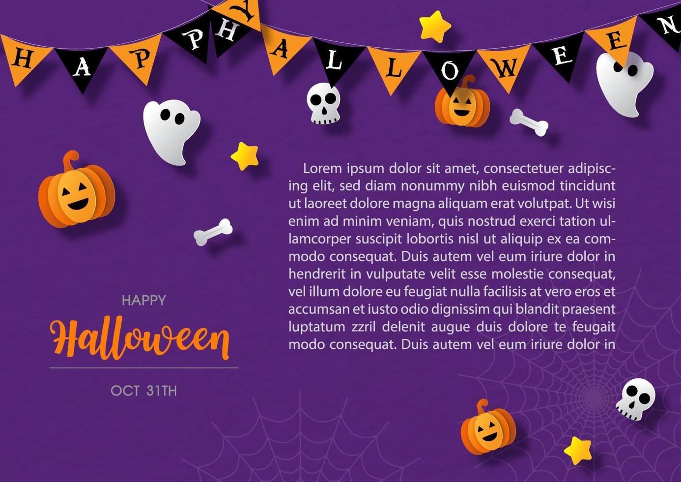 halloween-dreieckfahnen mit niedlichen zeichen und symbolen der halloween-tage im papierschnittstil, beispieltext auf lila papiermusterhintergrund. vektor