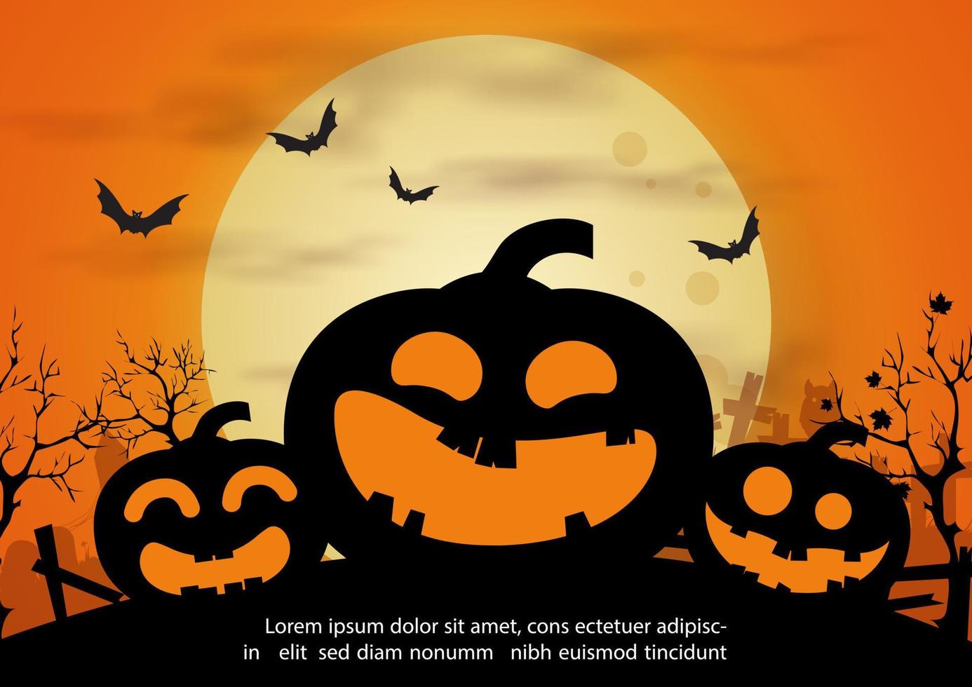 Nahaufnahme und Silhouette Jack'o-Laternenteufel mit fliegenden Fledermäusen, Beispieltexte auf der riesigen Abendsonne und orangefarbenem Hintergrund. Halloween-Grußkarte im flachen Stil und Vektordesign. vektor