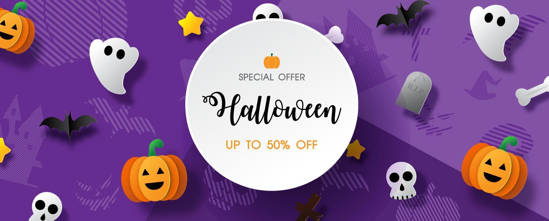 shop-banner und verkaufswerbung mit zeichenobjekt des halloween-tages im papierschnittstil auf abstraktem modernem muster und lila hintergrund. Alles im Banner- und Vektordesign. vektor