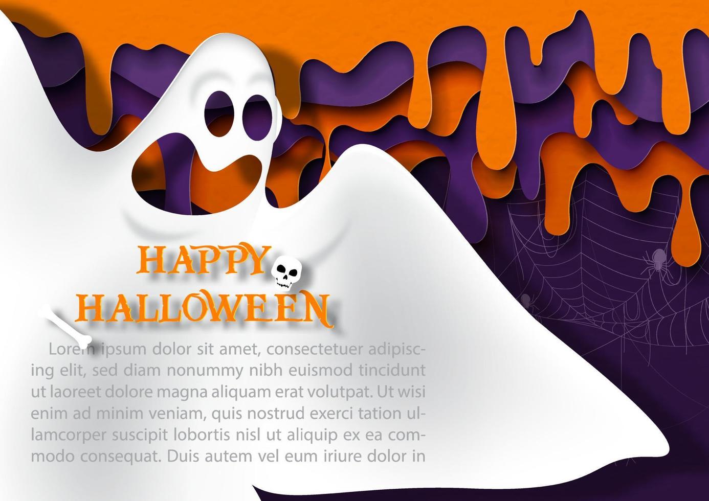 Nahaufnahme und Ernte gruseliger Geist mit fröhlichen Halloween-Buchstaben und Beispieltexten auf bösem Blut ertrinken im Papierschnittstil und schwarzem Hintergrund. alles im Vektordesign. vektor