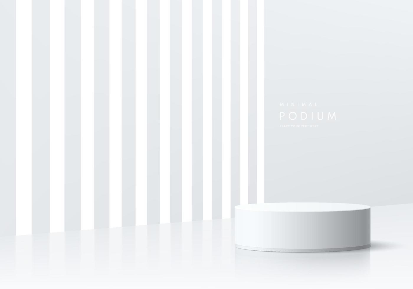 realistisches weißes 3d-zylindersockelpodium mit perspektivisch leuchtendem vertikalem hellem hintergrund. Vektorzusammenfassung mit geometrischen Formen. minimale wandszene für mockup-produktvitrine, werbedisplay vektor