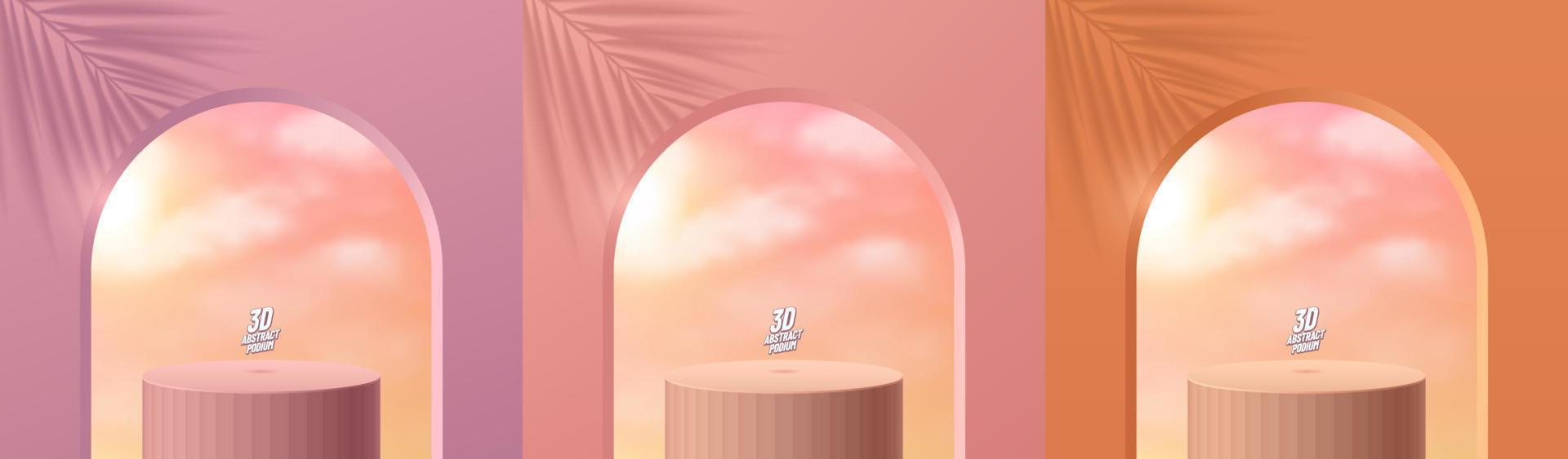 realistisk 3d orange, rosa, lila cylinder stå podium med rosa solnedgång himmel i båge form fönster bakgrund. vektor abstrakt med geometrisk formulär. minimal scen för Produkter visa. skede monter.