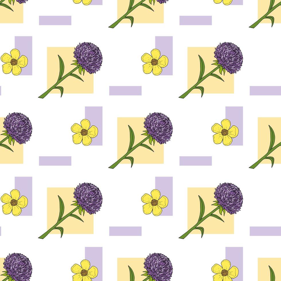 Nahtloses Muster mit violetten Asterblumen und Butterblumen auf weißem Hintergrund. Vektorbild. vektor