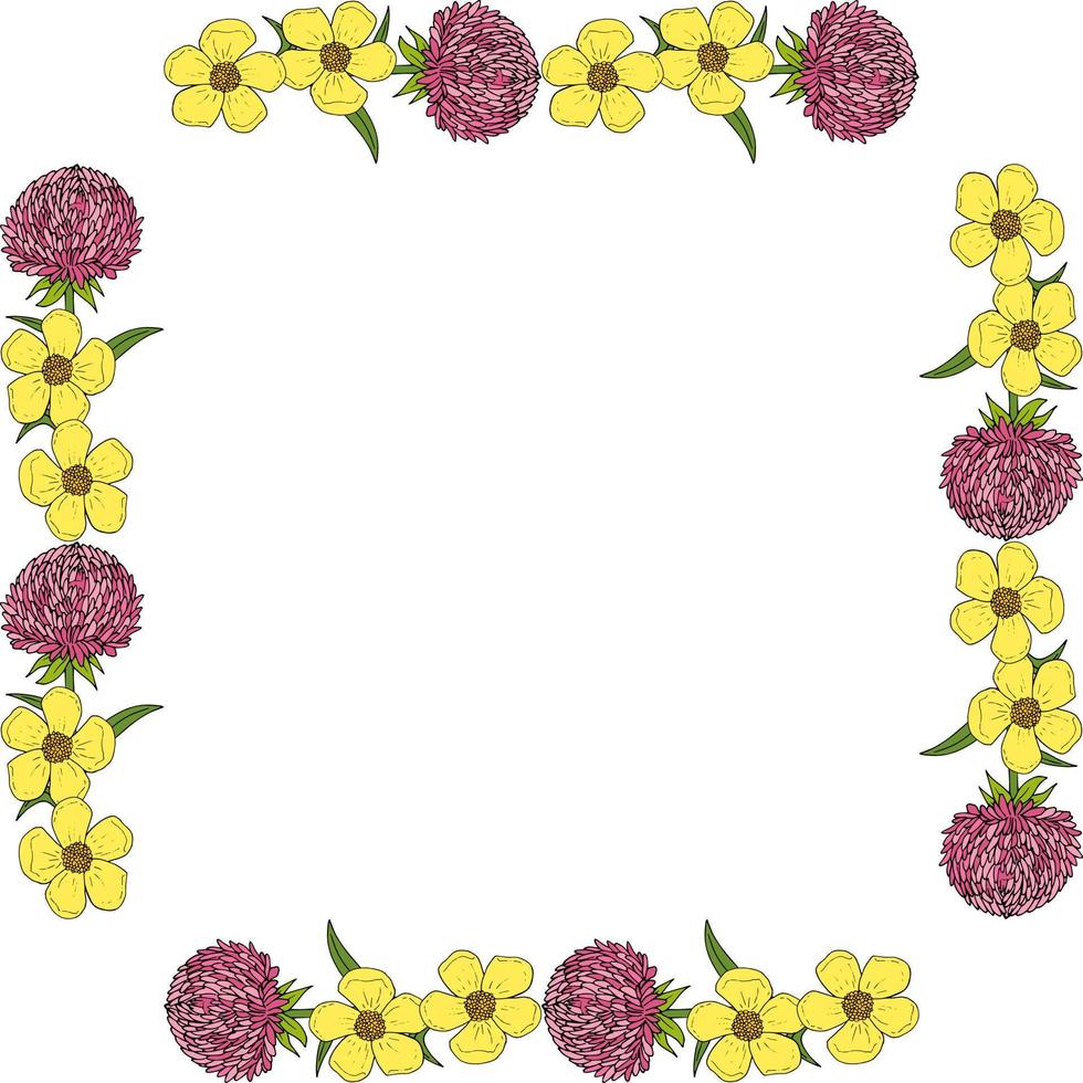 quadratischer rahmen mit großen rosa asterblumen und butterblumen auf weißem hintergrund. Doodle-Stil. Vektorbild. vektor