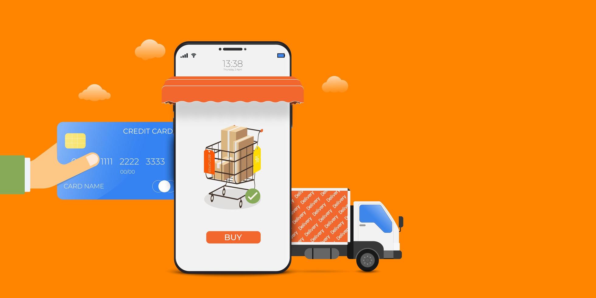 mobiler Shopping-Lieferservice auf Orange vektor