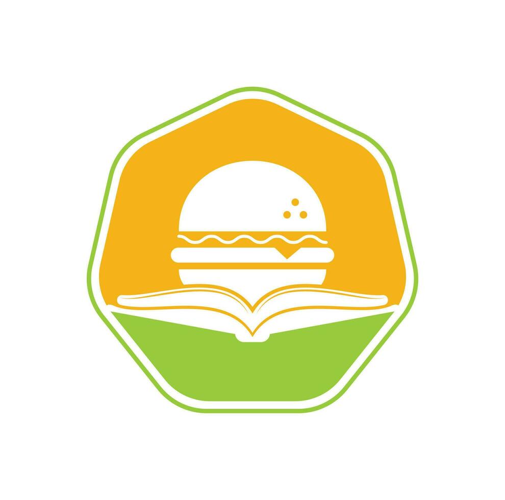 Burger-Buch-Logo-Design-Vektor. Bücher und Burger-Café-Logo isolierter Vektor