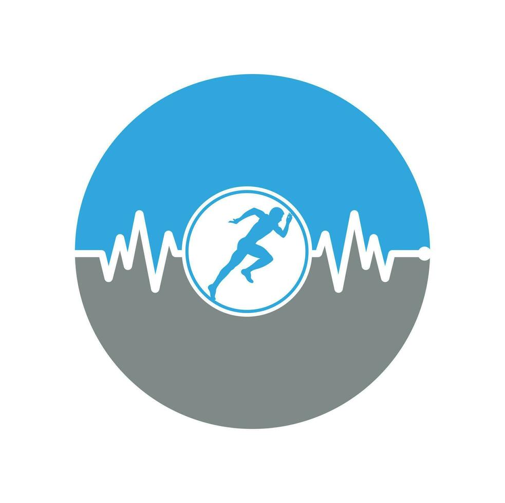 Puls-Marathon-Logo-Design-Ikonenvektor. Logo-Design für die Körpergesundheit. Laufender Mann mit Linien-EKG-Herzschlag-Symbol. vektor