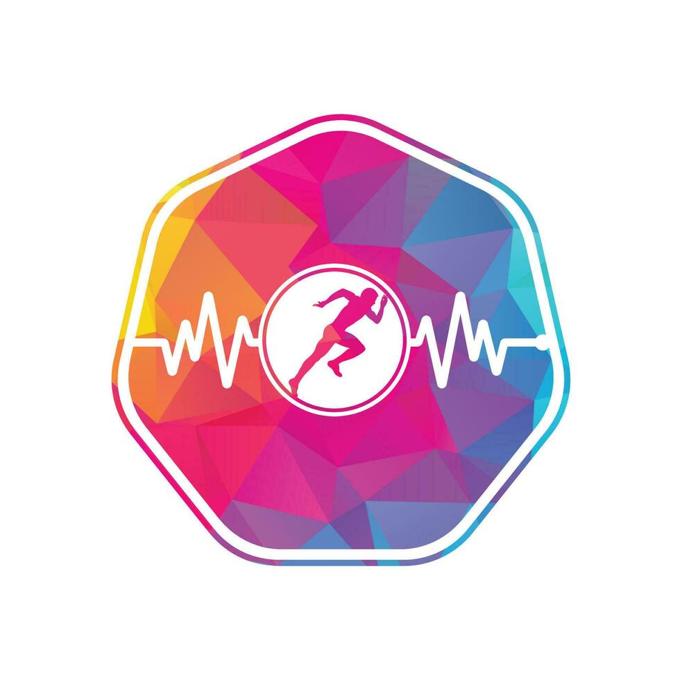 Puls-Marathon-Logo-Design-Ikonenvektor. Logo-Design für die Körpergesundheit. Laufender Mann mit Linien-EKG-Herzschlag-Symbol. vektor