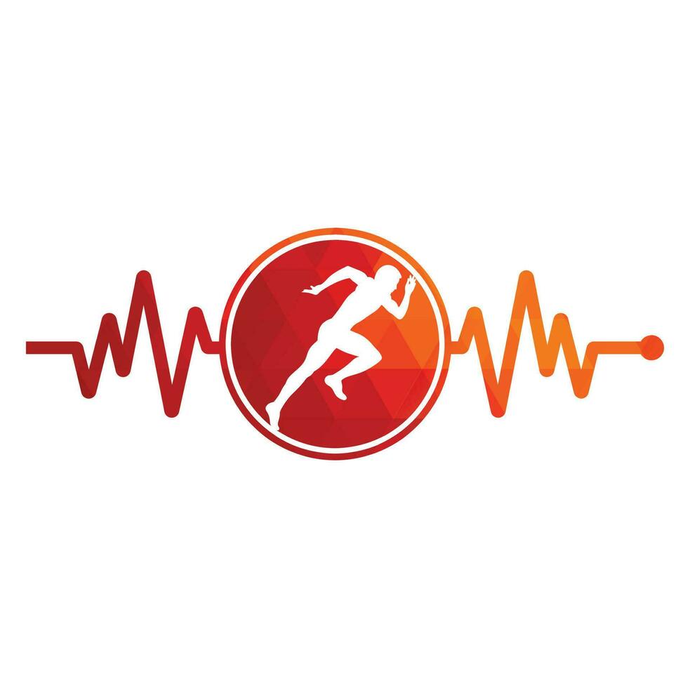 Puls-Marathon-Logo-Design-Ikonenvektor. Logo-Design für die Körpergesundheit. Laufender Mann mit Linien-EKG-Herzschlag-Symbol. vektor