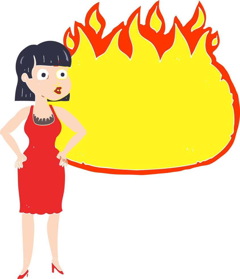 Flache Farbdarstellung einer Cartoon-Frau im Kleid mit Händen an den Hüften und Flammenbanner vektor