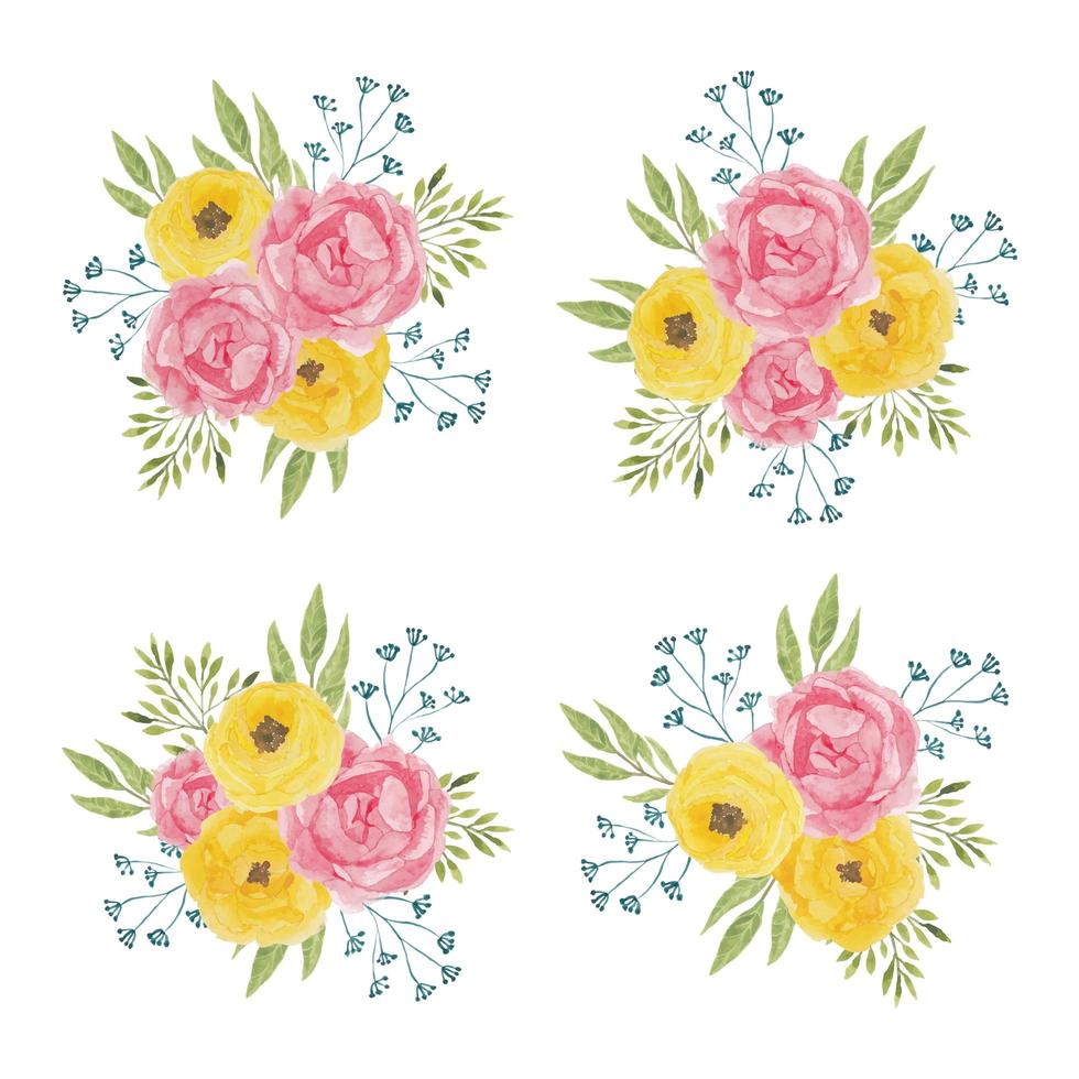 akvarell rosa gul pion blomma arrangemang samling vektor
