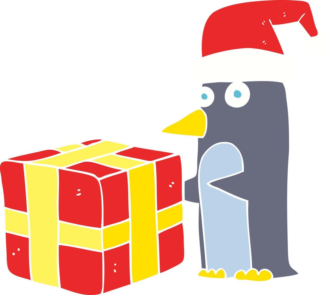 Flache Farbdarstellung eines Cartoon-Weihnachtspinguins mit Geschenk vektor