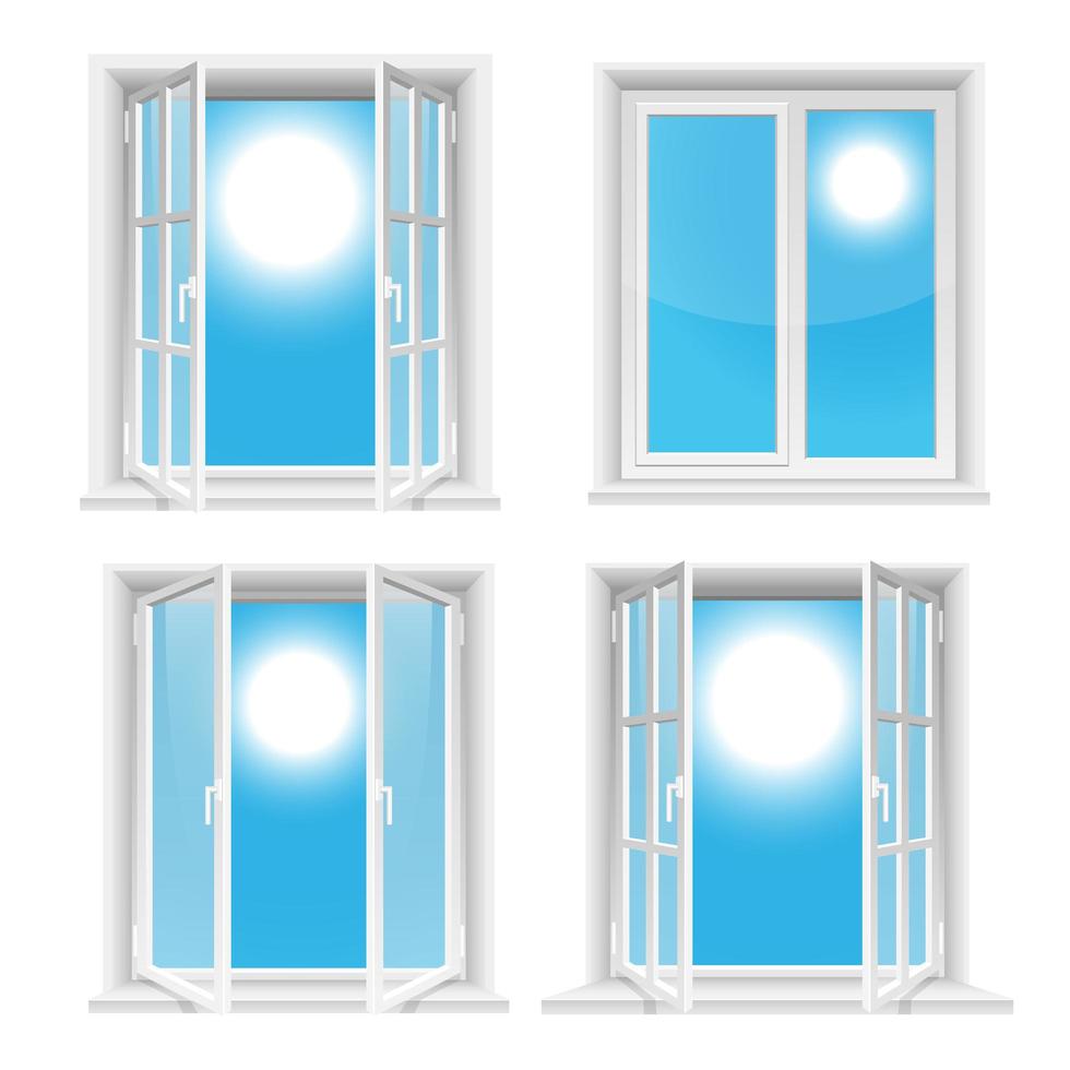 transparente Fenster und sonniger Himmel lokalisiert auf weißem Hintergrund vektor