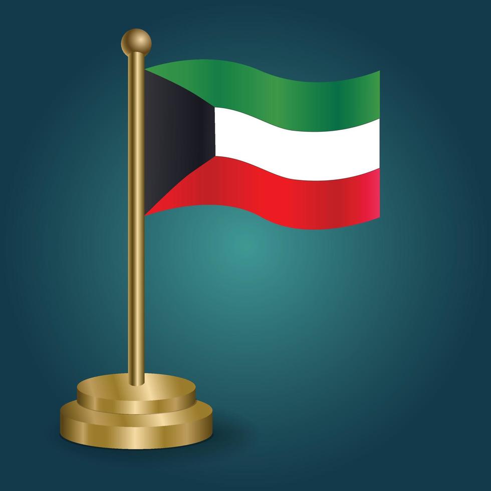 Kuwait-Nationalflagge auf goldenem Pol auf abgestuftem, isoliertem dunklem Hintergrund. Tischfahne, Vektorillustration vektor