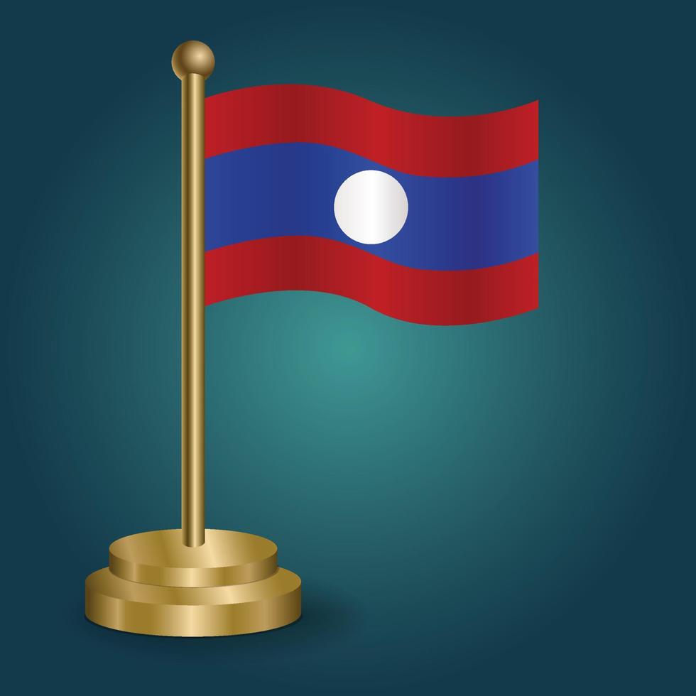 laos nationalflagge auf goldenem pol auf abgestuftem isoliertem dunklem hintergrund. Tischfahne, Vektorillustration vektor