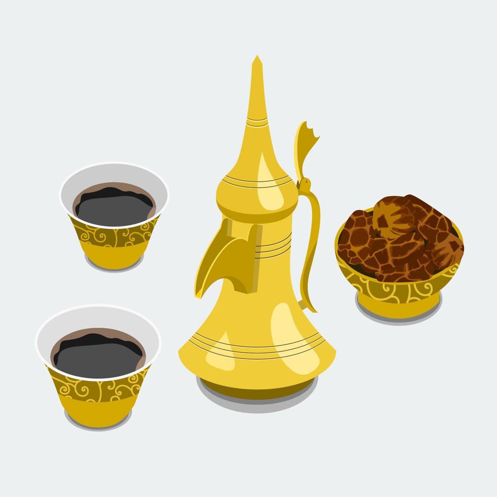 editierbarer, isolierter Dreiviertel-Draufsicht arabischer Kaffee und Datteln in einer Schüsselvektorillustration für Cafés mit nahöstlicher Kulturtradition und islamischen Momenten im Zusammenhang mit Design vektor