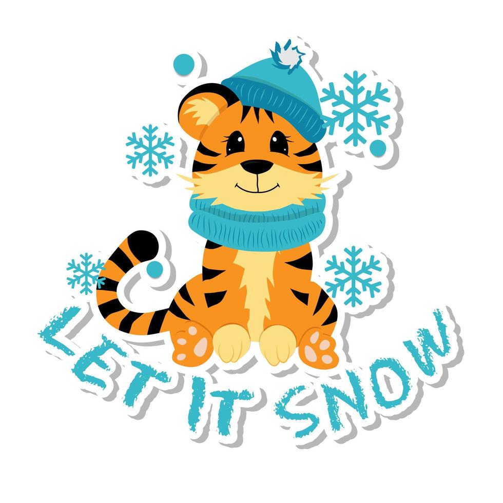 Aufkleber mit süßem kleinen Tiger sitzt auf Schnee. vektor