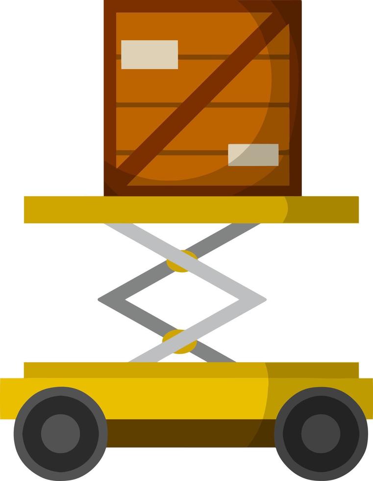 Auf Rädern heben. Lagerwagen. Speicherelement. Holzkiste und Kiste. flache illustration der karikatur vektor