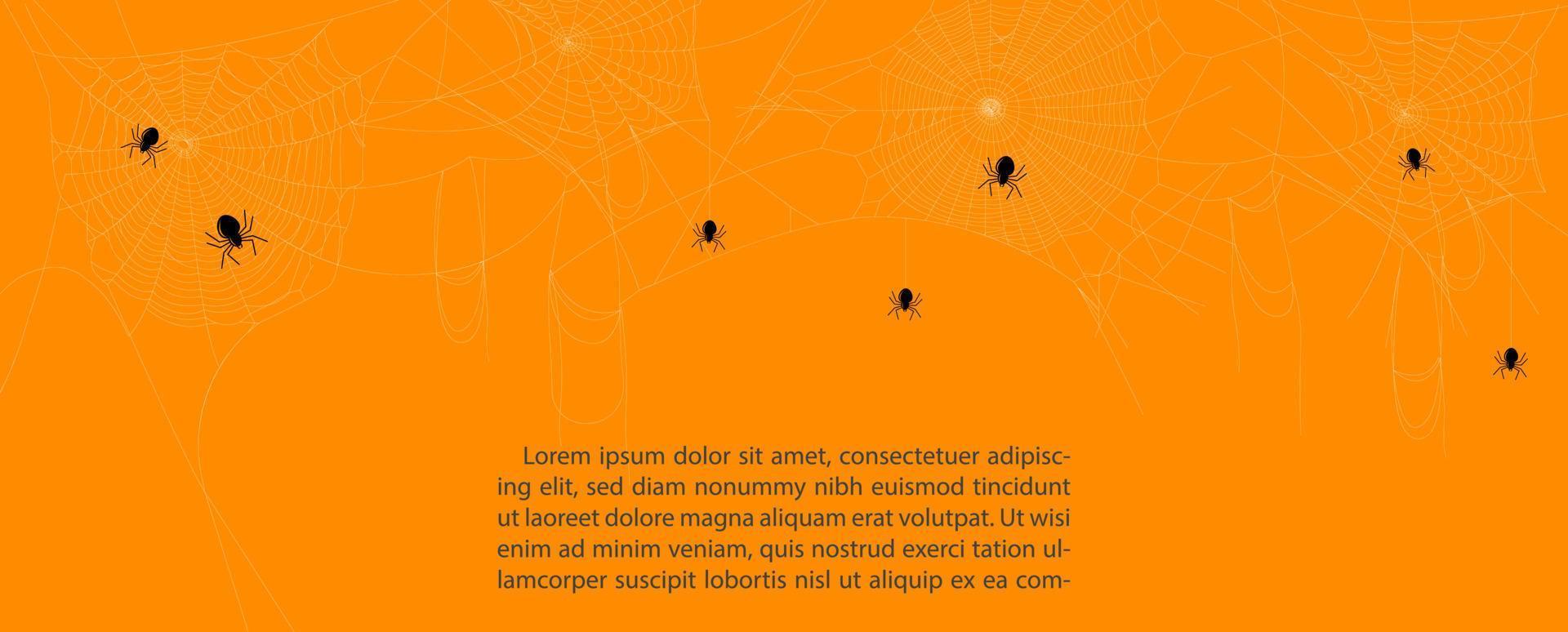 svart Spindel med Spindel webb och exempel texter på orange bakgrund. vektor