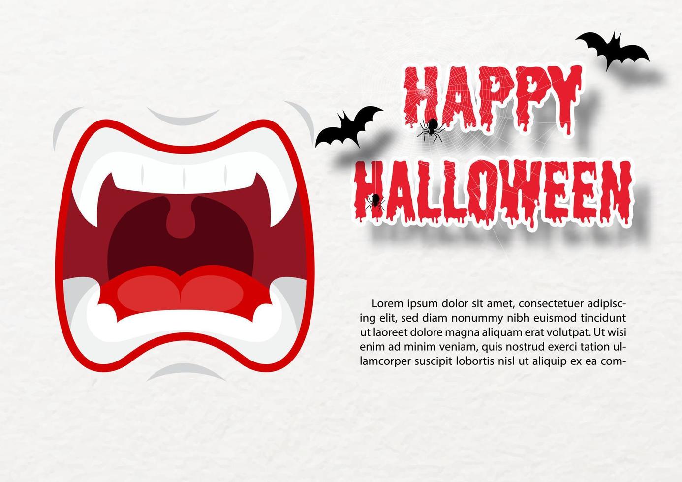 Mund von Dracula böse mit Halloween-Wortlaut, Spinnennetz, fliegenden Fledermäusen und Beispieltexten auf weißem Papiermusterhintergrund. halloween-grußkarte im papierschnittstil und vektordesign. vektor
