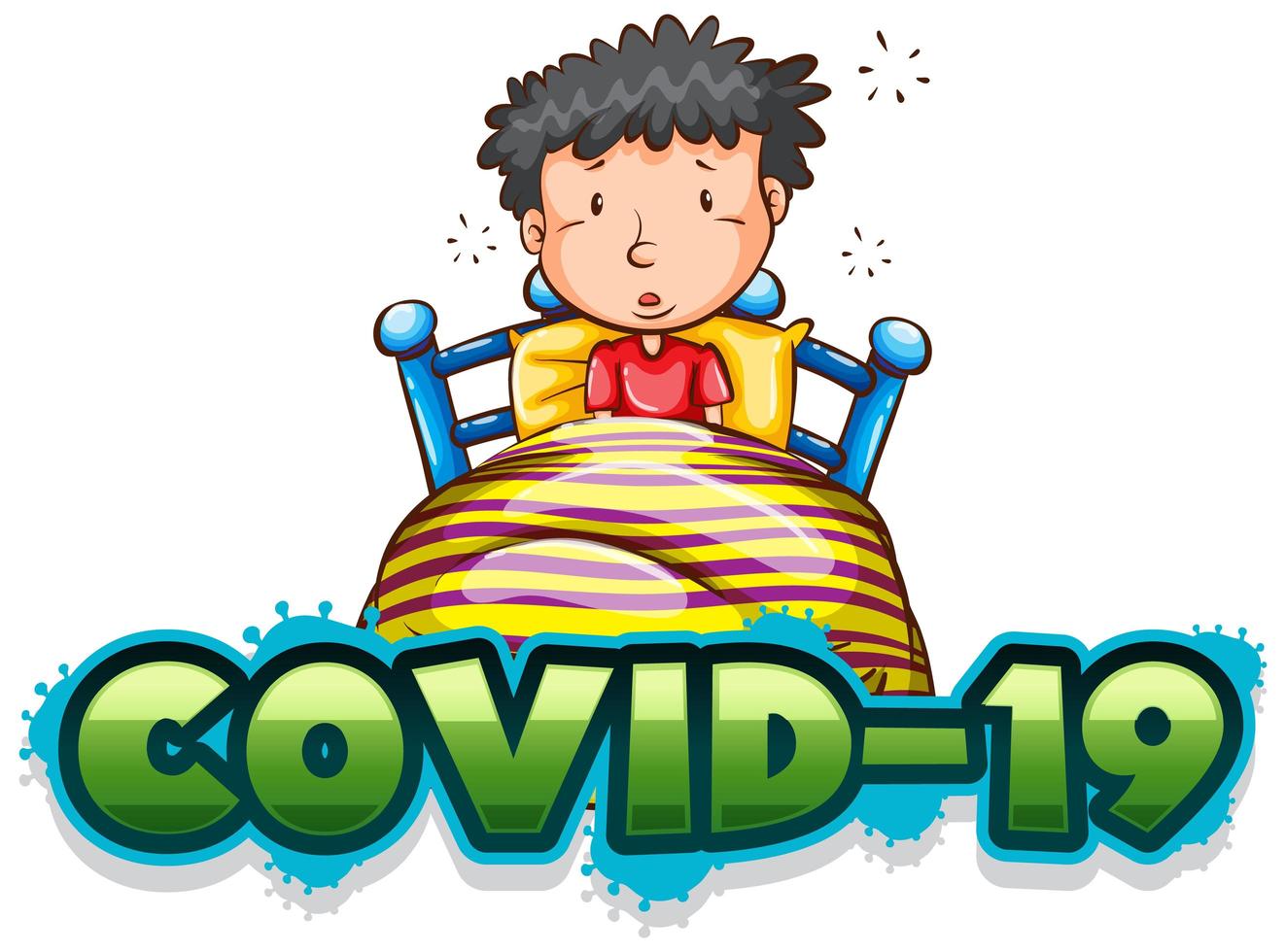 Covid 19 Zeichen Vorlage mit kranken Jungen im Bett vektor