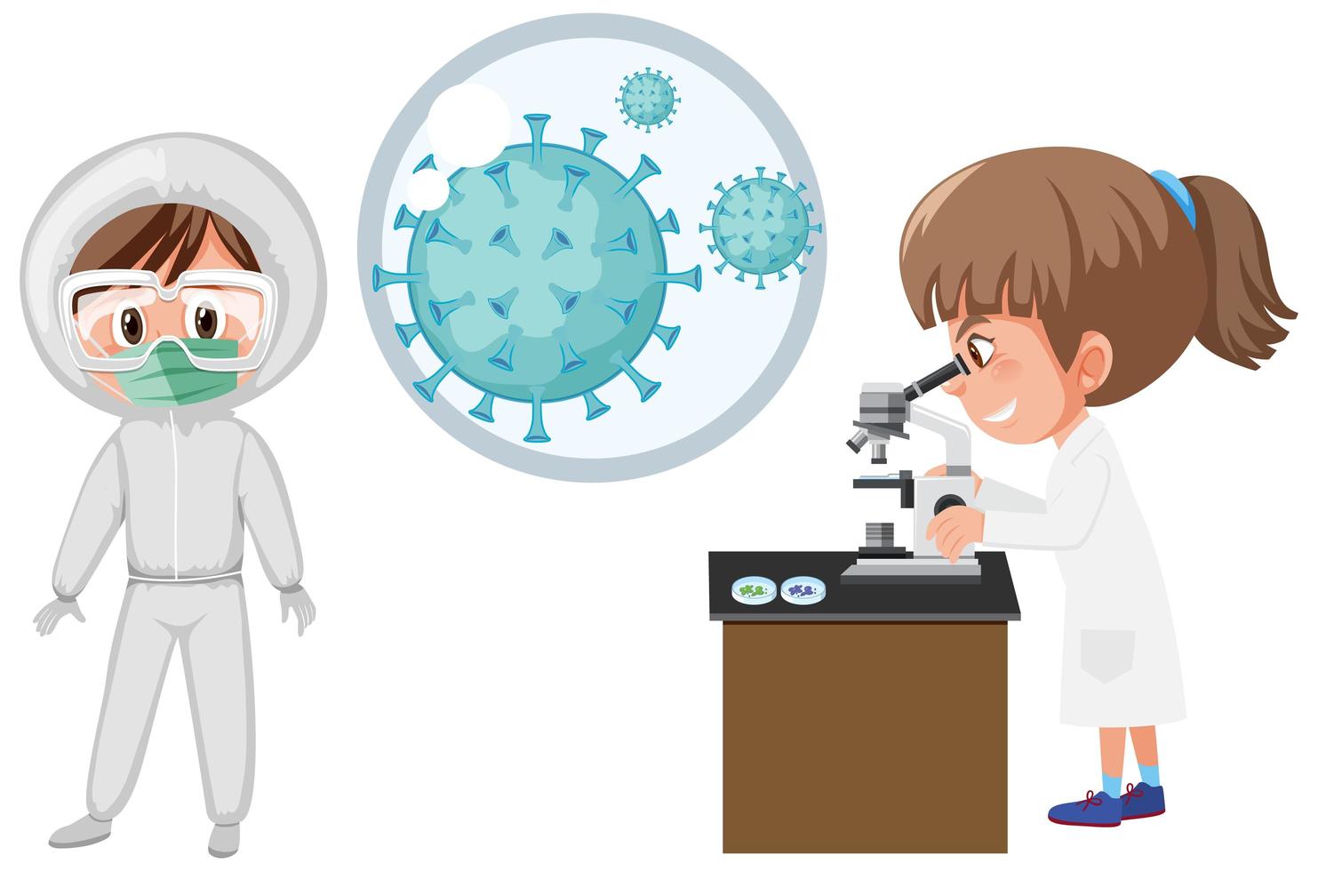coronaviruscell och två forskare i labbet vektor